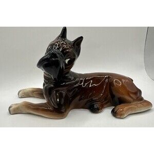 Vintage Ceramic Brown Boxer Dog Puppy Figurine Figurine Sculpture laying down